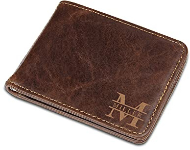 kaululu Portmonee Herren Personalisiert Brieftasche Geldbeutel mit Foto Namen Braun Leder Männer/Ehemann Geschenke Weihnachten/Valentinstag/Vatertag/Geburtstag