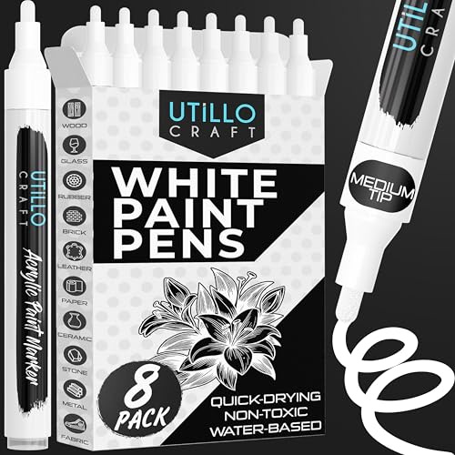 Utillo Craft White Paint Pen (8-Pack) Medium 2-3mm | White Paint Markers for Metal, Fabric, Wood, Glass, Paper, Plastic, Rock, Leather | Bold Color Permanent White Acrylic Paint Pen | Artist DIY