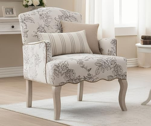 CIMOO Floral Accent Chair Fabric Comfy Single Sofa Upholstered Modern Reading Chair with Removable Pillow Wingback Arm Chair for Living Room/Bedroom/Fireplace, Beige