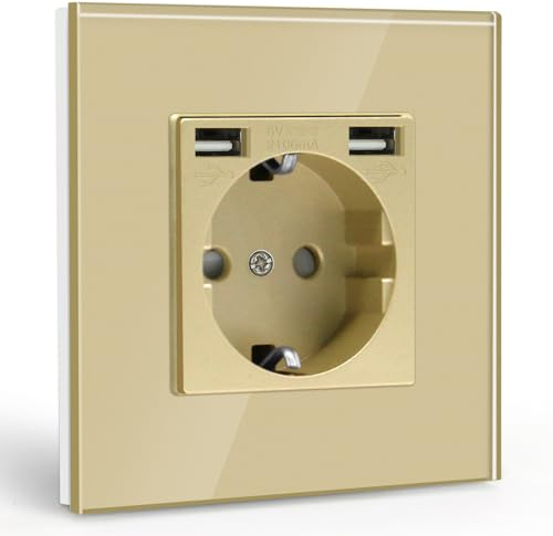 BSEED USB Steckdose Golden - Schuko Mit USB Anschluss (Max. 2.1A) Unterputz Glas Schutzkontakt-Ladegerät Für Handys, Laptops Etc