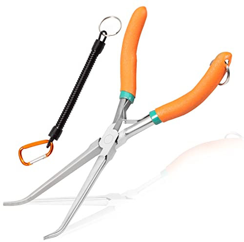 LEONTOOL Long Reach Pliers - 7 Inch Bent Needle Nose with Serrated Jaw, Curved Handle for Hard to Reach Spaces