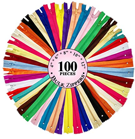 KGS Nylon Zipper for Sewing Crafts | 20 Assorted Colours | Size: 4+6+8+10+12 Inch | 100 Zippers/Pack | Multicolor Zippers for Sewing Supplies and Replacement in Bags, Pouches, Skirts, Dresses