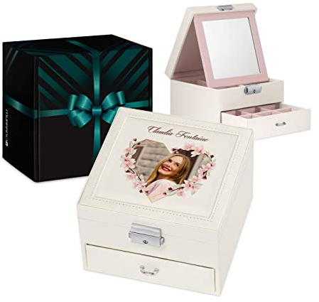 Maverton Coffret à bijoux avec miroir intérieur, Boîte blanche à personnaliser, Coffre à trésors - cadeau personnalisé pour femmes - Photo 1