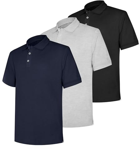 LiKing 3er Pack Polo Camisa Hombre Ocio Cómodo Polos Hombre Manga Corta Humedad Ropa Deportiva Hombre Golf Polo Shirt Hombre Manga Corta Deporte Ocio Camiseta Negro Gris Claro Azul Talla L