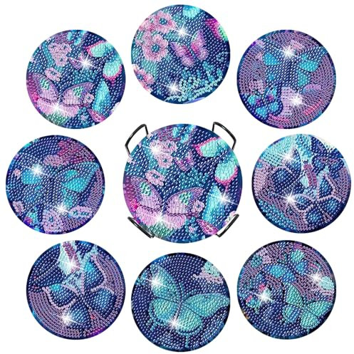 8 Stück Diamond Painting Untersetzer mit Halter, Diamond Painting Erwachsene, Wiederverwendbare DIY Schmetterlinge Tassenuntersetzer mit Diamanten und Montagewerkzeuge fur Tassen,Vasen Dekoratio
