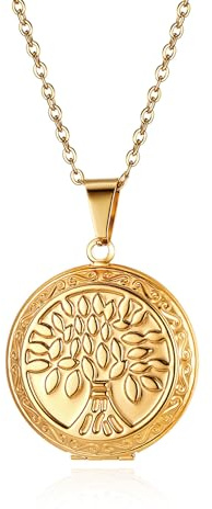 Cupimatch Fotoanhänger Medaillon zum Öffnen: Bilder Foto Anhänger mit Lebensbaum Blumen Runde Kette Damen Amulett Halskette mit 45cm Kette Silber Gold