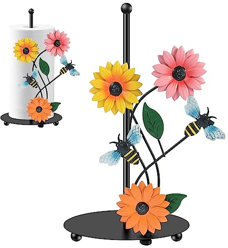 Kitchen Roll Holder Sunflower Paper Towel Holder Black Metal Free Standing Non Slip Countertop Organizer Vintage Farmhouse Home Decoration (Bee)
