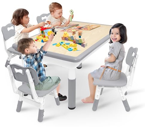 JOIEYOU Mesa infantil con 4 sillas, grupo de asientos para niños de 2 a 10 años