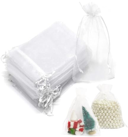 CURTEK 100 Stück 15,2 x 20,3 cm große Organza-Beutel mit Kordelzug, kleine Geschenkbeutel, Netz-Geschenkbeutel, Schmuckbeutel für Weihnachten, Süßigkeiten, Hochzeit, Geburtstag, Party, Weiß