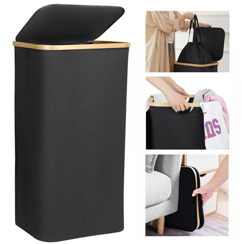 Wäschekorb -100L Waschbarer und hygienischer Groß Wäschesammler schmal mit herausnehmbarem Wäschesack-Wäschekorb mit Deckel & Bambusrand - Wäscheboxen - waschkorb (Schwarz)