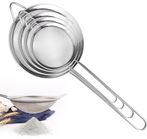 Juego de 4 coladores de cocina, 7/10/14/18 cm, acero inoxidable con mango reforzado, colador doméstico para escurrir pasta, quinua, azúcar en polvo, verduras, frutas, té (plata)
