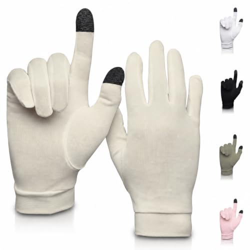Rent silkeshandske foder | mjuka och bekväma | inre termiska handskar | naturliga kläder | unisex | tvättpåse ingår, Grädde, M