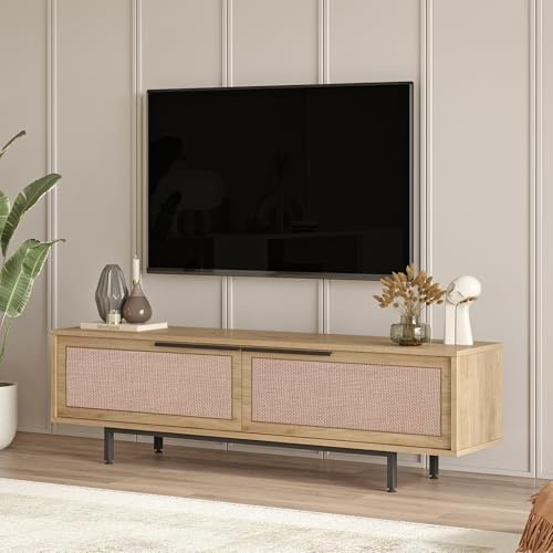 [en.casa] TV Schrank Kvænangen Lowboard mit 2 Türen Rattanoptik TV Board Eichenoptik Fernsehtisch TV Kommode Fernsehschrank 160 x 36 x 45 cm Metallgestell