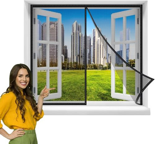 Magnet Fliegengitter Fenster Insektenschutz BalkonFenster Fliegenvorhang,90x130cm Netz Klebemontage Ohne Bohren,Der Magnetvorhang ist Ideal für Terrassentür Kellertür Schwarz