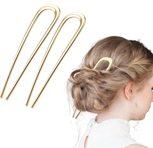 WATEFOER 2pcs Épingles à Cheveux Françaises en Métal, Épingles à Cheveux en Forme de U, fourchettes à 2 dents épingles à chignon pour femmes filles, Accessoires de Coiffure (Or)