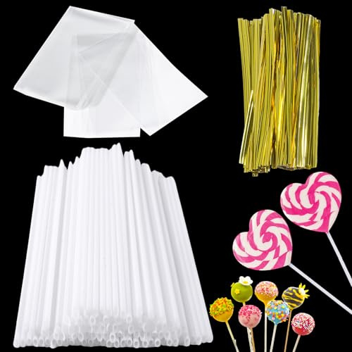 Prebarfun 100 Piezas Palos para Cake Pops, Palitos de Piruleta, Lollipop Sticks, 100 Bolsas y 100 Alambres para Lollies Hacer Galletas Cupcake Chocolate, 17cm*3.5mm