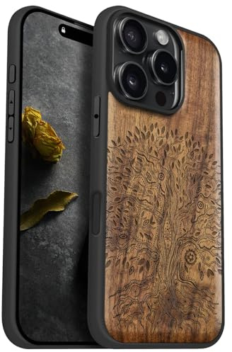Carveit Étui en Bois pour iPhone 16 Pro, (Noyer-Arbre de Vie) | Bois Étui de Magnétique Téléphone Antichoc TPU, Protection Case Compatible Magsafe pour iPhone 16 Pro Coque