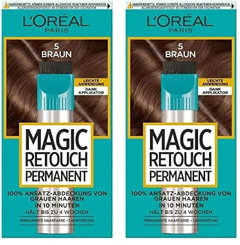 L'Oréal Paris Ansatz-Abdeckung zum Kaschieren grauer Haare, Langanhaltender Haar Concealer, Magic Retouch Permanent, Nr. 5 Braun, 1 Stück (Packung mit 2)