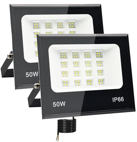 Tkdaksy 2 Piezas Focos LED Exterior 50W, 2M Cable Blanco Frío 6500K Proyector LED Exterior, Resistente al Agua IP66 Foco Proyector Led, 5000LM para Terrazas, Patios, Balcones, Parques, Garajes