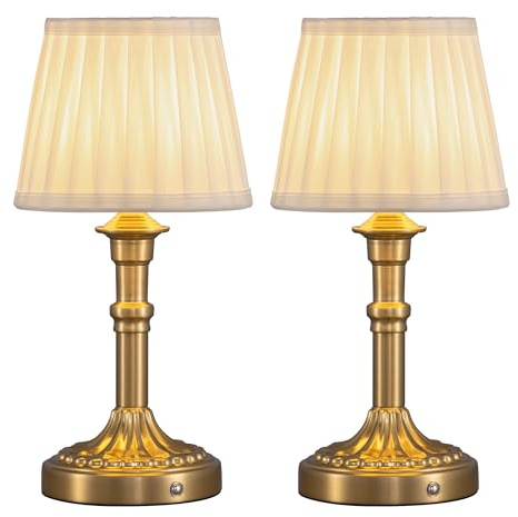 NEWSEE 2-Pack Rechargeable Cordless Table Lamp,Battery Operated Small Bedside Lamp with Fabric Shade,Stepless Dimming LED Touch Light for Living Room,Dining Room,Bedroom,Bathroom(Bronze)