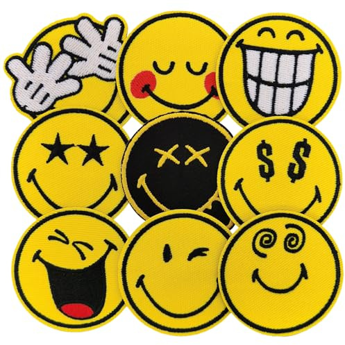 Face Emoticon Iron on Patches Glitter, Officially Licensed SmileyWorld Chenille Patches for Clothing, Hats, Backpacks, Stockings, Style 1