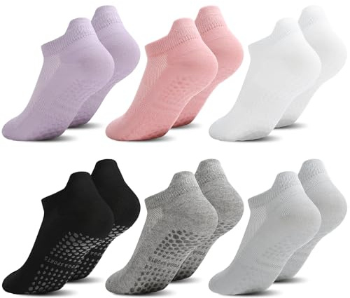 Zuimei 6 Pairs Pilates Womens Grip Yoga Socks with Grips for Women Non Slip Cotton Crew Barre Anti Skid Hospital Sock for Barre Workouts Fitness Ballet Dance UK 4-7(Multicolor)
