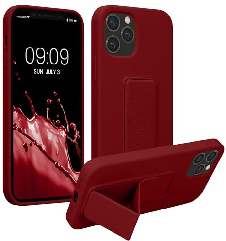 kwmobile Case for Apple iPhone 12 / iPhone 12 Pro Case - Soft TPU Cover with Silicone Coating - With Hand Strap and Stand Function - Shockproof - Rhubarb Red