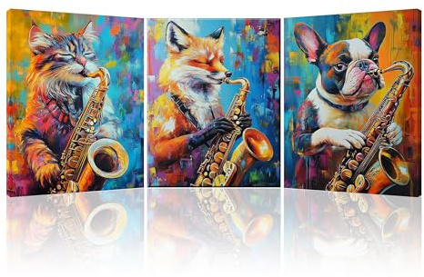 PIY PAINTING 3pcs Stampe Da Parete Moderne Animali Saxofono Quadretti Da Parete Quadro Decorazione Murale Gatto, Cane e Volpe, Quadro Soggiorno canvas Quadri Per Camera Da Letto Corridoio 30x40 cm