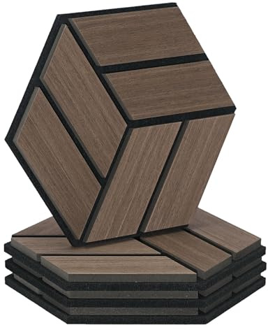 Homestyle4u Lot de 4 panneaux acoustiques hexagonaux - 30 x 26 x 2 cm - Marron - Pour isolation acoustique - Traitement acoustique - Décoration murale
