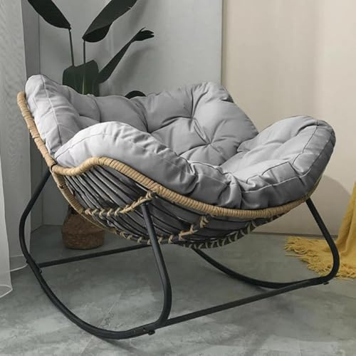 Patio Rocking Outdoor Papasan with Cushion Padded Indoor Oversized Rattan Wicker Lounge Chair Egg Rocking Rocker Metal Frame Large Supports Modern Chair (Light Grey)