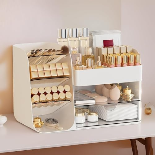 Organiseur de maquillage avec support de brosse pour coiffeuse, grand organisateur de comptoir de salle de bain en plastique, rangement facile de rouges à lèvres, vernis à ongles, parfums, palettes de