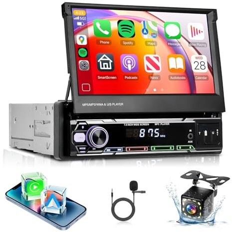 Hodozzy RDS Radio Coche Inalámbrica Carplay de 7'' con Pantalla 1 DIN, Pantalla Táctil IPS Retráctil Manualmente, Am/FM/Bluetooth 5.1, Android Auto Inalámbrico, 2 USB/TF/AUX+Cámara de Visión Trasera