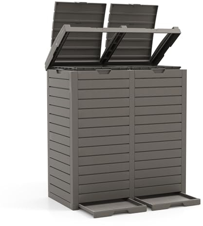LIFEZEAL Cubo Basura Exterior 235 L Reciclaje Doble (Color del café) | Contenedor Clasificado con Tapa Escalonada, Impermeable, Bandeja de Goteo y Asas para Jardín Cocina Terrazas