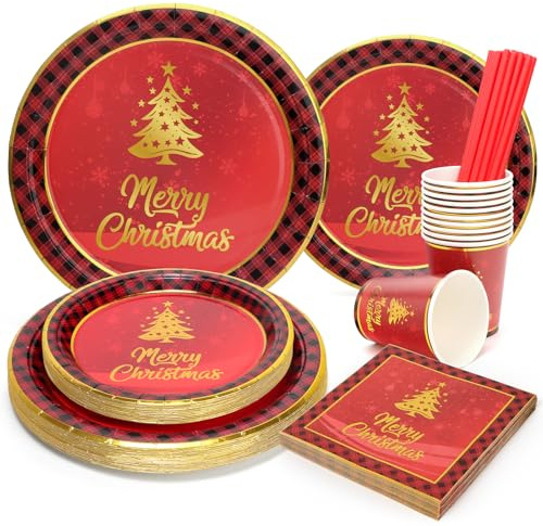 PARTY GO 125 Stück Geschirr Weihnachten, Teller Servietten und Becher Weihnachten Strohhalme Rot Party Tischdeko mit Weihnachtsbaum Muster, für 25 Gäste,für Party Geburtstag Deko Kinder