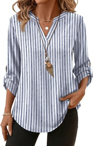 3/4 Length Sleeve Womens Tops Summer Business Casual Outfits for Women Work Blouses for Women Dressy Casual V Neck T Shirts Trendy Spring Fashion Blue Stripe L