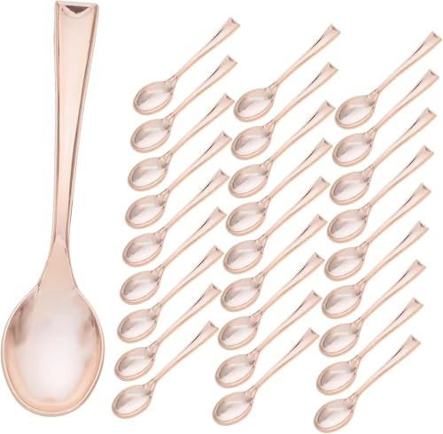 50 mini-cuillères à dessert jetables or rose, cuillères à moka imitation métal, pour événements traiteur, mariages, avec un design imitation métal et une utilisation polyvalente.