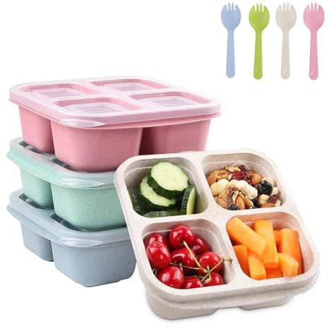 Eidoct 4 Pack Snack Boxes, Reusable Bento Lunch Boxes with 4 Compartments & Fork, Lunch Snack Containers for Kids Adults, Divided Food Storage Containers for School Work Travel(Green/Blue/Pink/White)