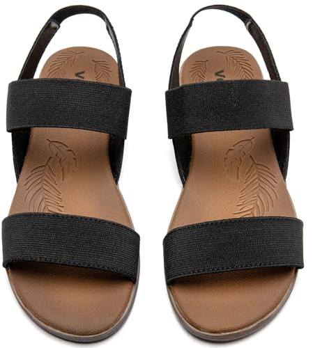 Veittes Women'S Casual Flat Slide Sandals - Adjustable Elastic Strappy Double Bands Summer Flat Sandals.(2107021,BK/MF,7.5 UK)