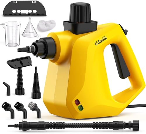 Udodik Pulitore a vapore portatile, pulitore a vapore per casa, pulitore a vapore multiuso con 10 accessori per tappeti, tende, divani, cucina, bagno e altro ancora (giallo)
