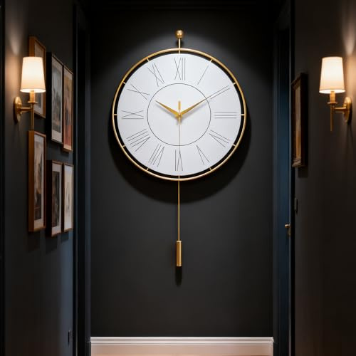 QWANPET Decorative Wall Clock,Silent Non-Ticking Quality Quartz Movement Battery Operated with Pendulum,Large Wall Clocks for Living Room Kitchen Home Bathroom Bedroom Wall Decor,13.4x24Inch(Beige)