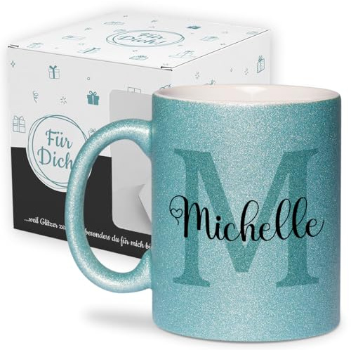 glitzertassen.de® | Namenstasse mit Buchstabe | Tasse mit Namen | Personalisiert | Kaffeebecher | Geschenkidee für Frauen & Mädchen, Kinder, Glitzertasse (Türkis mit Geschenkkarton Glitzer)