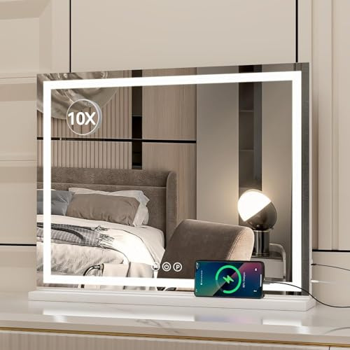 YU YUSING Hollywood Vanity Mirror with Lights 55x70cm, White | Dressing Table Mirror, Lighted Makeup Mirrors with Dimmable LED light, 3 Lighting Modes, Touch Control, USB Charging Port