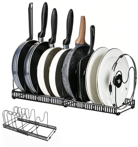CAAGGMM Expandable Pan Organiser Rack, 30-58cm Pots and Pans Iron Organiser, Adjustable Baking Tray Storage Rack, for Pots, Pans, Chopping Board, kitchen (Black)