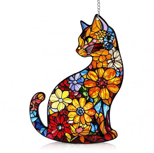 Buntglas Sonnenfänger Fenster, Katzen Fensterschmuck Hängend, Glas Fensterdeko Hängend, Suncatcher für Wohnzimmer, Balkon Deko, Gartendeko für Draußen Wetterfest, 20x20cm