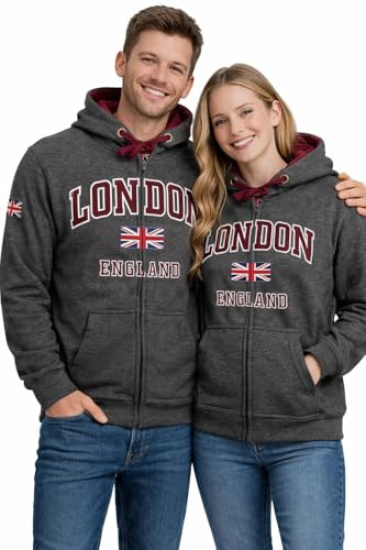 GWCC LE129ZCM Unisex London England Zipped Hoodie Sweatshirt – Charcoal with Maroon Hood Lining & Union Jack Pin Badge | Soft 300GSM Fleece Zip Up Jacket XS-4XL