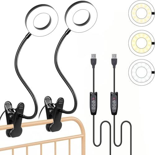 Foneso Klemme Lampe, 48 LEDs Dimmbare Leselampe Bett, 3 Modi und Stufe 10 Dimmen, 360° Flexibel USB Lampe für Lesen, Reisen, Schlafzimmer, Büro (Schwarz),2er-Pack