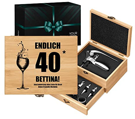 Maverton Weinöffner-Set personalisiert Weinset Sommelier Set - Geschenkbox Holzbox + 8er Weinzubehörset - aus Bambus - Braun - Geschenk zum Geburtstag für Frauen - endlich 40
