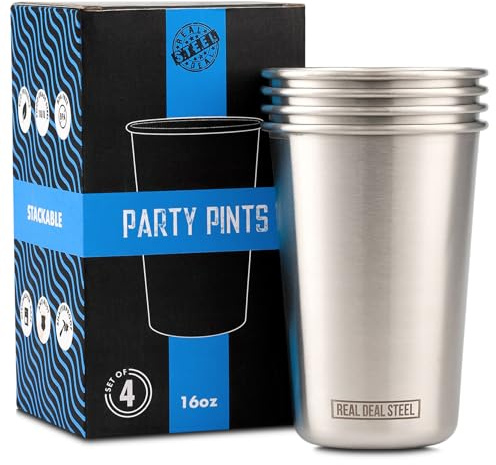 Real Deal Steel Stainless Steel 16 oz Pint Cups Stackable Single Wall Tumblers, Eco Friendly Premium Metal Drinking Glasses