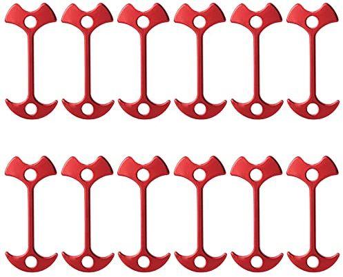 WLBON 12 Pcs Fishbone Tent Stakes Pegs Lengthen Deck Nail Anchor Hook Aluminum Guyline Cord Adjuster Camping Hiking Outdoor Awning Rope Tensioners Kit for Gallery Road or Timber Deck Accessories Red