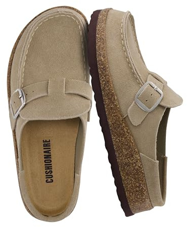 CUSHIONAIRE Hobby Genuine Leather Suede Mule Clogs for Women with Buckle Strap and Cork Footbed, Supportive All-Day Comfort in Womens Shoes, Taupe 8.5